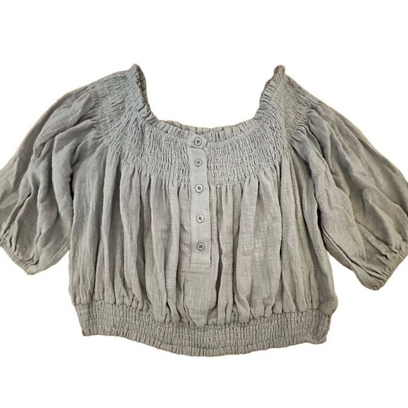 mahina Tops - Mahina ~ cropped button front top ~ smocked ~ off the shoulder ~ size Med